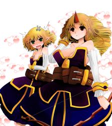 Rule 34 | 2girls, alternate hairstyle, anger vein, arano oki, archer (disgaea), archer (disgaea) (cosplay), belt, blush, bow (weapon), breast envy, breasts, brown eyes, cleavage, collarbone, cosplay, detached sleeves, disgaea, female focus, flat chest, green eyes, heart, horns, hoshiguma yuugi, large breasts, long hair, mizuhashi parsee, multiple girls, open mouth, pointy ears, ringed eyes, short hair, single horn, @ @, sweatdrop, touhou, weapon