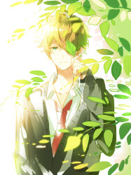 Rule 34 | 1boy, backlighting, black cardigan, blue eyes, branch, brown hair, cardigan, closed mouth, collared shirt, commentary request, crossed bangs, ensemble stars!, hair between eyes, hand up, holding, holding leaf, kina (446964), leaf, long sleeves, looking at viewer, male focus, necktie, one eye covered, red necktie, school uniform, shirt, short hair, simple background, sketch, sleeves past wrists, smile, solo, takamine midori, upper body, white background, white shirt, wing collar