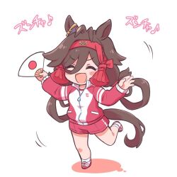 Rule 34 | 1girl, :d, animal ears, antenna hair, blush, brown hair, closed eyes, commentary request, hair between eyes, hair ornament, hand fan, headband, holding, holding fan, horse ears, horse girl, jacket, leg up, long hair, minmin (kemomofuri), no reason (umamusume), open mouth, paper fan, partially unzipped, shorts, smile, solo, standing, standing on one leg, tracen training uniform, track jacket, translation request, umamusume, white background