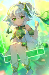 Rule 34 | 1girl, blurry, bracelet, cape, commentary request, depth of field, detached sleeves, dress, flower-shaped pupils, flower swing, genshin impact, gradient hair, green cape, green eyes, hair between eyes, hair ornament, highres, holding, jewelry, leaf hair ornament, long hair, looking at viewer, multicolored hair, nahida (genshin impact), outdoors, pointy ears, shanshanziyu, short sleeves, side ponytail, sidelocks, sitting, smile, solo, stirrup legwear, streaked hair, swing, symbol-shaped pupils, toeless legwear, toes, two-tone hair, white dress, white hair