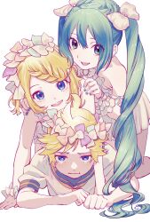 Rule 34 | 1boy, 2girls, :i, ahoge, annoyed, aqua eyes, aqua hair, bare arms, bare shoulders, blonde hair, blue eyes, bow, braid, braided bangs, curly hair, dress, frilled dress, frills, green hair, hair between eyes, hair bow, hair ornament, hairband, hairclip, half-closed eyes, hatsune miku, highres, jitome, kagamine len, kagamine rin, leaning on person, looking at viewer, lying, lying on person, multiple girls, naimaze atakamo, on stomach, open mouth, sailor collar, sailor shirt, scrunchie, shirt, short ponytail, short sleeves, sleeveless, sleeveless dress, smile, twintails, vocaloid, white dress, wrist cuffs, wrist scrunchie