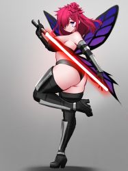 Rule 34 | 1girl, absurdres, alternate costume, alternate universe, ass, bare shoulders, blue eyes, boots, breasts, butterfly wings, commission, crossover, elbow gloves, energy sword, facial mark, fairy wings, fire emblem, fire emblem heroes, flower, full body, gloves, hair ornament, highres, holding lightsaber, insect wings, jaxdrawz, large breasts, leg up, lightsaber, long hair, nintendo, red lightsaber, sideboob, solo, standing, standing on one leg, star wars, sword, thigh boots, triandra (fire emblem), underwear, weapon, wings