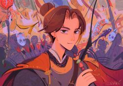 1boy arrow_(projectile) banner bow_(weapon) brown_eyes brown_hair candy cape cat_mask chinese_clothes closed_mouth crowd earrings feng_xin flag food gold_earrings hair_bun hair_ribbon holding holding_candy holding_food holding_skewer hoop_earrings jewelry koinobori layered_clothes light_smile looking_at_viewer male_focus mask orange_nails outdoors parted_bangs quiver rabbit_mask red_cape ribbon scentofmint signature single_hair_bun skewer smile solo sweets tanghulu tassel tianguan_cifu weapon weapon_on_back windsock yellow_ribbon