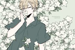 Rule 34 | 1boy, black shirt, blue eyes, collared shirt, commentary request, covered mouth, english text, flower, flower over mouth, green background, half-closed eyes, hand up, highres, kankara nashi, light brown hair, lying, male focus, on back, original, shirt, short hair, short sleeves, solo, upper body, white flower