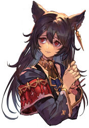 Rule 34 | 1girl, animal ears, ascot, black coat, black hair, choker, closed mouth, coat, cropped torso, ear bar, earrings, granblue fantasy, granblue fantasy versus, hair between eyes, hands up, hungry clicker, jewelry, lips, long hair, long sleeves, looking up, nier (granblue fantasy), own hands together, red eyes, simple background, single earring, single wrist cuff, solo, upper body, white background, wrist cuffs