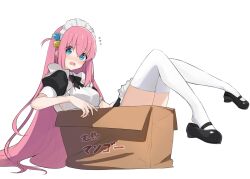 Rule 34 | 1girl, @ @, alternate costume, apron, black dress, black footwear, blue eyes, bocchi the rock!, box, cardboard box, commentary request, cube hair ornament, dress, enmaided, flying sweatdrops, frilled apron, frills, full body, gotoh hitori, hair between eyes, hair ornament, highres, in box, in container, jazztaki, long hair, maid, maid apron, maid headdress, one side up, pink hair, puffy short sleeves, puffy sleeves, shoes, short sleeves, simple background, solo, thighhighs, translation request, very long hair, white apron, white background, white thighhighs