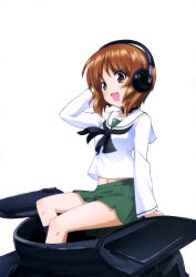 Rule 34 | 10s, 1girl, absurdres, breasts, brown eyes, brown hair, girls und panzer, green skirt, hand in own hair, headphones, highres, military, military vehicle, motor vehicle, navel, nishizumi miho, official art, ooarai school uniform, panzer iv, panzer iv, pleated skirt, school uniform, shirt, short hair, simple background, sitting, skirt, smile, solo, tank, throat microphone, white background, white shirt