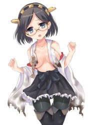 Rule 34 | 10s, 1girl, bad id, bad pixiv id, black hair, blue eyes, blush, breasts, burnt clothes, detached sleeves, frilled skirt, frills, glasses, hairband, harimoji, kantai collection, kirishima (kancolle), large breasts, looking at viewer, nontraditional miko, open mouth, pantyhose, personification, short hair, skirt, solo, thighhighs, torn clothes, white background