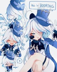 Rule 34 | 1girl, ahoge, anger vein, ascot, asymmetrical gloves, blue ascot, blue hair, blue headwear, blue jacket, blush, bow, chibi, closed eyes, crying, crying with eyes open, english text, facing viewer, furina (genshin impact), genshin impact, gloves, half gloves, hand on own face, hat, hat bow, head rest, highres, jacket, li nauu, light blue hair, long hair, long sleeves, looking at viewer, mismatched gloves, multicolored hair, multiple views, open mouth, parted lips, shorts, simple background, speech bubble, streaked hair, tears, thigh strap, top hat, vest, white background, white gloves, white hair, white shorts, white vest