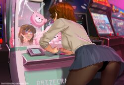 Rule 34 | 1girl, absurdres, arcade cabinet, bent over, black panties, blue skirt, blush, breasts, brooke (mleth), brown hair, brown pantyhose, cameo, commentary, controller, cowboy shot, crane game, english commentary, fingernails, highres, joystick, long sleeves, medium breasts, metal slug, miniskirt, mleth, original, paid reward available, panties, panties under pantyhose, pantyhose, pantyshot, pink nails, pleated skirt, reflection, short hair, skirt, space invaders, street fighter, street fighter ii (series), stuffed animal, stuffed toy, teddy bear, tongue, tongue out, underwear, upskirt, video game