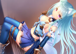 Rule 34 | 1girl, animal ear fluff, animal ears, bare shoulders, blue hair, blue skirt, blue thighhighs, boots, breasts, capelet, cleavage, closed mouth, crop top, elbow gloves, fantasy, gloves, hair between eyes, hair ornament, hair ribbon, hairclip, lace, leather, leather boots, leather gloves, long hair, looking at viewer, medium breasts, midriff, navel, orange ribbon, original, pleated skirt, red eyes, ribbon, sitting, skindentation, skirt, smile, solo, stomach, thigh strap, thighhighs, thighhighs under boots, thighs, white capelet, zettai ryouiki, zizi (zz22)