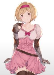 Rule 34 | 1girl, absurdres, arm support, armor, belt, blonde hair, blush, boots, breasts, collarbone, commentary, cowboy shot, djeeta (granblue fantasy), fighter (granblue fantasy), gauntlets, gradient background, granblue fantasy, hairband, highres, looking at viewer, pink hairband, short hair, shoulder armor, sitting, small breasts, smile, solo, split mouth, thigh boots, thighhighs, wuming, yellow eyes, zettai ryouiki