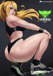 Rule 34 | 1girl, adidas, ankle socks, ass, back, black shorts, black socks, black sports bra, blonde hair, blue eyes, blush, breasts, commentary, contemporary, curvy, echo saber, english commentary, full body, gym shorts, highleg shorts, highres, huge ass, legs, looking at viewer, medium breasts, metroid, neon trim, nintendo, paid reward available, ponytail, product placement, samus aran, shiny skin, shoes, short shorts, shorts, sneakers, socks, solo, sports bikini, sports bra, squatting, super metroid, swept bangs, thong, turning head, wide hips, wristband, yeezy (brand)