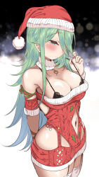 Rule 34 | 1girl, arm behind back, averting eyes, black bra, bra, breasts, christmas sweater, cleavage, clothing cutout, commentary request, detached collar, detached sleeves, embarrassed, fur-trimmed headwear, fur trim, garter straps, green eyes, green hair, hair over one eye, hat, heart pendant, highres, hip vent, kantai collection, large breasts, long hair, narrowed eyes, navel, navel cutout, pom pom (clothes), red hat, red sweater, santa hat, simple background, solo, strap lift, suzuki toto, sweater, thighhighs, underwear, white thighhighs, yamakaze (kancolle)