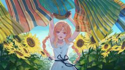 Rule 34 | 1girl, absurdres, arms up, bad id, bad twitter id, basket, black ribbon, blonde hair, blue sky, blush, bra strap, braid, collarbone, day, dress, flower, grapefruit, highres, holding, holding basket, long hair, looking at viewer, mixkechin, open mouth, original, outdoors, pink eyes, ribbon, short sleeves, sky, smile, solo, sunflower, twin braids, very long hair, white dress