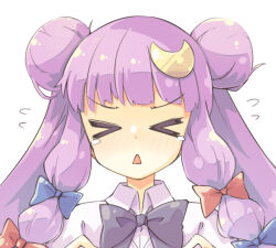Rule 34 | &gt; &lt;, 1girl, alternate hairstyle, arnest, blue bow, blush, bow, crescent, crescent hair ornament, double bun, facing viewer, flying sweatdrops, hair bow, hair bun, hair ornament, long hair, open mouth, patchouli knowledge, portrait, purple hair, red bow, simple background, solo, touhou, triangle mouth, white background