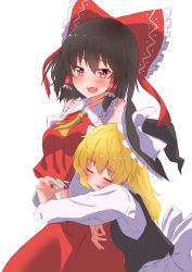 Rule 34 | 2girls, absurdres, alcohol, ascot, black hair, black headwear, blonde hair, blush, bow, closed eyes, commentary request, drunk, hair bow, hair tubes, hakurei reimu, hat, highres, hug, hug from behind, kirisame marisa, long hair, long sleeves, mukkushi, multiple girls, open mouth, red bow, red eyes, sake, short hair, simple background, teeth, touhou, upper teeth only, white background, witch hat, yellow ascot