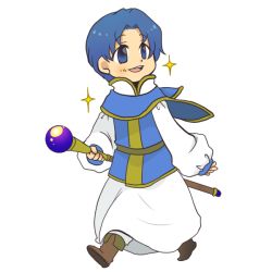 Rule 34 | 1boy, blue eyes, blue hair, boots, cape, charlot (fire emblem), chibi, fire emblem, fire emblem: genealogy of the holy war, male focus, matching hair/eyes, nintendo, open mouth, solo, staff, transparent background