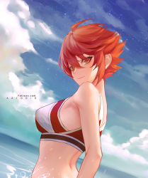 Rule 34 | 1girl, aztodio, back, bikini, bikini top only, blue sky, blush, breasts, closed mouth, fire emblem, fire emblem fates, highres, hinoka (fire emblem), looking at viewer, medium breasts, nintendo, ocean, red eyes, red hair, short hair, sky, smile, swept bangs, swimsuit, wading