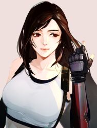 Rule 34 | 1girl, arm guards, bare shoulders, black gloves, black hair, bracelet, breasts, brown hair, closed mouth, collarbone, commentary, crop top, earrings, elbow gloves, final fantasy, final fantasy vii, final fantasy vii remake, fingerless gloves, gloves, hand up, highres, jewelry, lips, long hair, looking to the side, medium breasts, nini tw99, red eyes, simple background, single earring, solo, suspenders, swept bangs, tank top, tifa lockhart, undershirt, upper body, white tank top