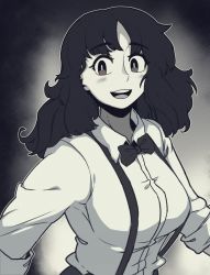 Rule 34 | 1girl, album cover redraw, black bow, black bowtie, black eyes, black hair, bow, bowtie, breasts, collared shirt, cowboy shot, derivative work, dinoyhs, greyscale, highres, large breasts, long hair, long sleeves, looking at viewer, medium hair, monochrome, open mouth, real life, shirt, smile, solo, suspenders, sweetest music, takeuchi mariya, teeth, upper teeth only