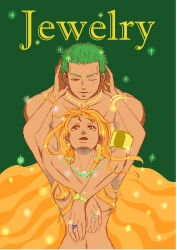 Rule 34 | 1boy, 1girl, 2-crow, absurdres, collar, earrings, english text, green hair, highres, jewelry, long hair, looking at another, nami (one piece), necklace, one eye closed, one piece, open mouth, orange hair, ring, roronoa zoro, scar, short hair, single earring, smile, watch, wristwatch