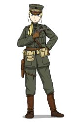 Rule 34 | 1girl, aiguillette, anyan (jooho), belt, belt pouch, blonde hair, blue eyes, boots, brown footwear, brown gloves, commentary request, frown, full body, gloves, grey hat, grey jacket, grey pants, gun, hair over shoulder, hand on own hip, handgun, hat, highres, holding, holding weapon, holster, jacket, korean commentary, long hair, long sleeves, looking at viewer, m1911, military, military uniform, original, pants, pistol, ponytail, pouch, simple background, solo, standing, trigger discipline, uniform, united states marine corps, weapon, white background, world war i