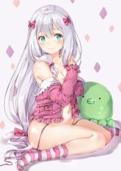 Rule 34 | 10s, 1girl, bare shoulders, blue eyes, blush, bow, breasts, cleavage, closed mouth, commentary request, eromanga sensei, hair bow, highres, izumi sagiri, long hair, looking at viewer, medium breasts, navel, open clothes, pajamas, panties, pink bow, pink panties, ribbon, side-tie panties, silver hair, sitting, smile, socks, solo, striped clothes, striped legwear, striped socks, underwear, untied panties, wariza, yoshida iyo