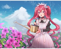 Rule 34 | 1girl, ahoge, bird, black choker, blue sky, choker, cloud, cowboy shot, day, dress, evil eye (touhou), fang, flower, fountain, frills, goma (u p), grace (sound voltex), hairband, holding, holding watering can, juliet sleeves, lolita fashion, lolita hairband, long hair, long sleeves, looking at viewer, maid, open mouth, outdoors, pink eyes, pink hair, plant, puffy sleeves, sky, solo, sound voltex, standing, touhou, twintails, very long hair, watering can, white frills