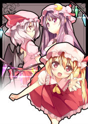 Rule 34 | 3girls, ascot, bat wings, blonde hair, blush, bow, crescent, dress, flandre scarlet, hat, long hair, multiple girls, open mouth, outstretched hand, patchouli knowledge, ponytail, purple eyes, purple hair, red eyes, remilia scarlet, short hair, side ponytail, smile, striped, touhou, usume shirou, wings