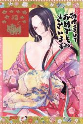 Rule 34 | 10s, 2010, akeome, bamboo, bare shoulders, black hair, boa hancock, chigusa suzume, earrings, faux traditional media, happy new year, japanese clothes, jewelry, kimono, long hair, new year, off shoulder, one piece, purple eyes, solo, tiger