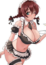 Rule 34 | 1girl, absurdres, alternate costume, apron, bare shoulders, between breasts, bikini, black bikini, black necktie, blue eyes, blush, braid, breasts, bridal garter, brown hair, cleavage, commentary request, cup, detached collar, drinking glass, emma verde, enmaided, freckles, frilled apron, frilled bikini, frills, hair between eyes, highres, holding, holding tray, large breasts, long hair, looking at viewer, love live!, love live! nijigasaki high school idol club, low twin braids, low twintails, maid, maid apron, maid bikini, maid headdress, navel, necktie, necktie between breasts, one eye closed, pisagi, simple background, smile, solo, swimsuit, tray, twin braids, twintails, unconventional maid, upper body, waist apron, white background, wine glass, wrist cuffs