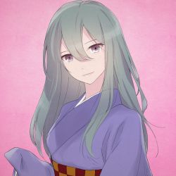 Rule 34 | 1girl, aged down, akagi (fmttps), artist name, bad id, bad pixiv id, blue kimono, closed mouth, commentary, gegege no kitarou, grey eyes, grey hair, head tilt, japanese clothes, kimono, lips, long hair, long sleeves, looking at viewer, obi, pink background, sash, smile, solo, standing, sunakake babaa, twitter username, upper body, wide sleeves