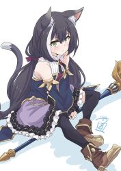 Rule 34 | 1girl, animal ear fluff, animal ears, artist logo, bare shoulders, black hair, black thighhighs, blush, bodice, boots, breasts, brooch, brown hair, cat ears, cat girl, cat tail, closed mouth, cross tie, dated, detached sleeves, green eyes, highres, jewelry, karyl (princess connect!), long hair, looking at viewer, low twintails, multicolored hair, princess connect!, purple skirt, sekiya kuzuyu, shadow, shirt, simple background, sitting, skirt, small breasts, solo, staff, streaked hair, tail, thighhighs, twintails, very long hair, white background, white shirt