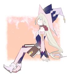 Rule 34 | 1girl, blonde hair, blush, book, detached sleeves, enoki kino, green eyes, hat, long hair, magilou (tales), multicolored clothes, multicolored hat, multicolored sleeves, pink sleeves, pointy ears, simple background, smile, solo, tales of (series), tales of berseria, thighhighs, witch hat