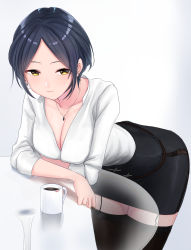 Rule 34 | 1girl, black thighhighs, blue hair, breasts, cleavage, coffee, coffee mug, collarbone, cup, earrings, garter straps, glass table, hayami kanade, highres, idolmaster, idolmaster cinderella girls, jewelry, large breasts, leaning on table, lipstick mark, mug, necklace, pencil skirt, see-through, shogun (a96040021), short hair, skirt, smile, solo, table, thighhighs, white background, yellow eyes, zettai ryouiki