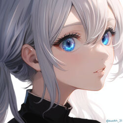 Rule 34 | 1girl, artist name, black shirt, blue eyes, blush, collared shirt, eyelashes, female focus, grey hair, hair between eyes, highres, light blush, long hair, looking at viewer, original, parted lips, portrait, shirt, sidelocks, simple background, solo, suahh, teeth, twintails, twitter username, watermark, white background