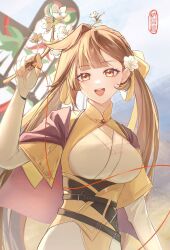 Rule 34 | 1girl, :d, arm up, branch, breasts, brown eyes, brown hair, commentary request, elbow gloves, fingerless gloves, flower, gloves, highres, holding, holding branch, honkai (series), honkai impact 3rd, jacket, japanese clothes, kimono, li sushang, long hair, looking at viewer, medium breasts, napppptt, open mouth, smile, solo, teeth, upper teeth only, very long hair, white flower, white kimono, yellow jacket