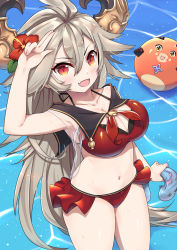 Rule 34 | &gt;:d, 1girl, :d, ball, beachball, bikini, blush, breasts, brown eyes, brown hair, collarbone, commentary request, draph, fang, flower, frilled bikini, frills, from above, granblue fantasy, hair between eyes, hair flower, hair ornament, highres, holding, horns, large breasts, lo xueming, long hair, navel, open mouth, red bikini, red eyes, sailor collar, smile, solo, standing, swimsuit, threo (eternal&#039;s summer vacation) (granblue fantasy), threo (granblue fantasy), v-shaped eyebrows, very long hair, vyrn (granblue fantasy), water