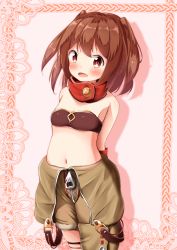Rule 34 | 1girl, :d, asymmetrical clothes, bandeau, black bandeau, blush, breasts, brown hair, brown pants, commentary request, gold trim, highres, long hair, looking at viewer, mochiyuki, navel, ole tower, open mouth, pants, pink background, rammer (ole tower), red eyes, simple background, single pantsleg, small breasts, smile, solo, two side up, zipper pull tab