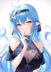 Rule 34 | 1girl, absurdres, ahoge, black dress, blue hair, braid, breasts, cleavage, commentary, dress, earrings, elf, flower, hair between eyes, hair flower, hair ornament, half updo, heart, heart ahoge, heiyan shenshi, highres, hololive, jewelry, large breasts, long hair, looking at viewer, nail polish, parted lips, pointy ears, see-through, see-through cleavage, solo, symbol-only commentary, upper body, virtual youtuber, yellow eyes, yukihana lamy