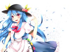 Rule 34 | 1girl, blue hair, blush, food, fruit, hat, highres, hinanawi tenshi, long hair, looking at viewer, open mouth, peach, red eyes, simple background, sisterakuma, smile, solo, touhou, white background