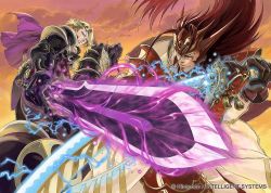 Rule 34 | 2boys, armor, artist request, blonde hair, boots, brown hair, cape, company connection, company name, fire emblem, fire emblem cipher, fire emblem fates, gauntlets, gloves, glowing, glowing weapon, holding, holding weapon, horse, horseback riding, image sample, japanese clothes, katana, long hair, male focus, multiple boys, nintendo, official art, riding, ryoma (fire emblem), smile, sunset, sword, tiara, weapon, xander (fire emblem)