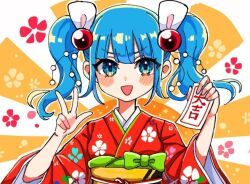 Rule 34 | 1girl, :d, alternate costume, blue eyes, blue hair, bow, floral print, green bow, hair bobbles, hair ornament, ishiki nuru, japanese clothes, kawashiro nitori, kimono, looking at viewer, new year, ofuda, omikuji, open mouth, red kimono, smile, solo, touhou, two side up, upper body, w, wide sleeves