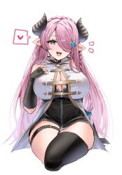 Rule 34 | 1girl, asymmetrical gloves, black gloves, black shirt, black thighhighs, blue eyes, braid, breasts, brown horns, cleavage, cleavage cutout, clothing cutout, commentary request, crown braid, demon horns, draph, gloves, granblue fantasy, hair ornament, hair over one eye, hand on own chest, heart, highres, horn/wood, horns, invisible chair, large breasts, long hair, looking at viewer, mismatched gloves, narmaya (granblue fantasy), open mouth, pink hair, pointy ears, shirt, simple background, single thighhigh, sitting, smile, solo, spoken heart, teeth, thigh strap, thighhighs, upper teeth only, white background, white shirt