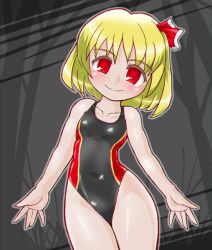 Rule 34 | 1girl, arms at sides, bare arms, bare shoulders, black one-piece swimsuit, blonde hair, blush, breasts, closed mouth, collarbone, competition swimsuit, contrapposto, covered navel, cowboy shot, grass, grey background, hair ribbon, looking at viewer, one-piece swimsuit, red eyes, red ribbon, ribbon, rumia, shiny clothes, shiny skin, short hair, small breasts, smile, solo, standing, swimsuit, tareme, touhou, tree, winn