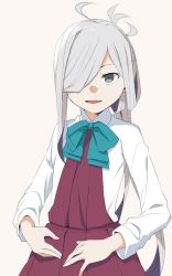 Rule 34 | 1girl, ahoge, asashimo (kancolle), cowboy shot, grey eyes, hair over one eye, halterneck, kantai collection, long hair, long sleeves, looking at viewer, moti coi, ponytail, school uniform, shirt, silver hair, simple background, smile, solo, standing, white background, white shirt