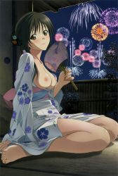 Rule 34 | 00s, 1girl, aerial fireworks, barefoot, black hair, blush, breasts, brown eyes, cleavage, hand fan, fireworks, highres, japanese clothes, kimono, kotegawa yui, nail polish, night, nipples, non-web source, nude, nude filter, scan, scan artifacts, solo, tatami, third-party edit, to love-ru, yukata