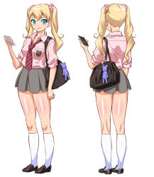 Rule 34 | 1girl, aqua eyes, bag, bag charm, blonde hair, breasts, cellphone, character profile, character sheet, charm (object), commentary request, crest, handbag, highres, iphone, loafers, loose necktie, multiple views, necktie, original, phone, pleated skirt, red-p, scrunchie, shoes, skirt, sleeves rolled up, small breasts, smartphone, smile, socks
