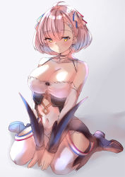 Rule 34 | 1girl, ahoge, azur lane, bare shoulders, black footwear, blush, boots, braid, braided bangs, breasts, cleavage, closed mouth, cross, cross necklace, dress, earrings, french flag, french flag ribbon, full body, gradient background, hair ornament, highres, jewelry, large breasts, navel, necklace, painting (medium), pink hair, ryoutsu, short hair, sitting, solo, tartu (azur lane), thighhighs, traditional media, watercolor (medium), white dress, white thighhighs, yellow eyes